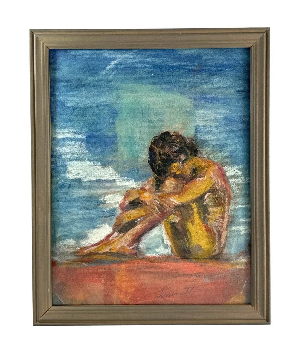 Original Pastel Painting Seated Nude Figure Signed Larsen 1987 Figurative Art